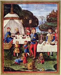 Maximilian Sforza als Kind beim Essen im Garten, Illustration aus einer Kopie von 