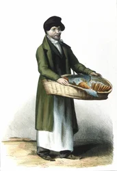 Mailänder Beruf: ein Verkäufer von Keksen und Kuchen. Gravur von 1830 Locarno.