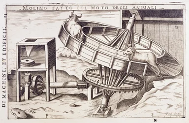 Mühle, die von Tieren angetrieben wird, Gravur Italien