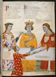 Miniatur des Urteils des Paris, mit Pallas Athene, Juno und Venus, die an einem Tisch sitzen, und Paris, der Venus einen Olivenzweig gibt, Illustration aus 