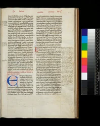 Ms 342. Caesar, Opera, f.38r. Initiale [E] in Blau mit Federverzierungen in Rot