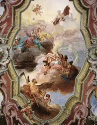 Mythologische Szene mit Jupiter, Juno, den Musen und Vater Zeit
