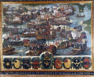Seeschlacht von Lepanto: „Al tempo Niccolo di Cornelio Borghesi Kdibicher“ - im Staatsarchiv von Siena aufbewahrtes Gemälde