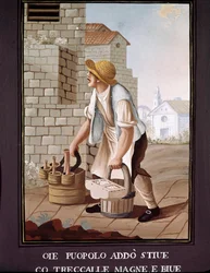 Neapolitanische Kleinberufe: der reisende Lebensmittelhändler (Krämer). Aquarell aus dem 19. Jahrhundert. Neapel, Museo Nazionale di San Martino