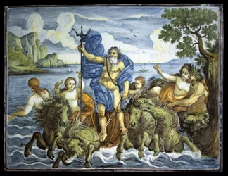 Neptun auf seinem Wagen mit einem Dreizack