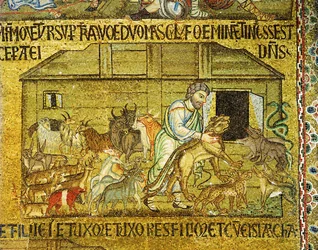 Noah hilft Paaren von Tieren, die Arche zu betreten