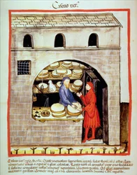 Nova 2644 fol.60v Verkauf von gereiftem Käse, aus Tacuinum Sanitatis