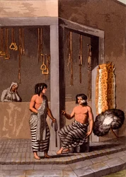 Pampas-Indianer in einem Geschäft namens Indiano, Calle de-los-Torres, Buenos Aires, ca. 1820er-30er Jahre
