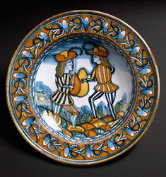 Teller mit Darstellung von zwei Soldaten im Kampf, ca. 1520