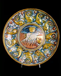 Teller mit zwei sich schüttelnden Händen, Werk der Gubbio-Manufaktur