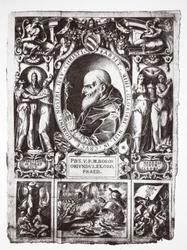 Papst Pius V., mit Vignetten der Schlacht von Lepanto, aus Vita del Gloriosissimo Papa Pio Quinto, veröffentlicht 1586