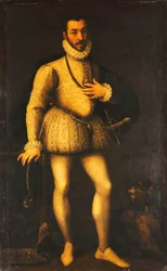 Porträt eines Gentlemans, Ganzfigur, in besticktem weißen Wams, mit Umhang und Schwert, ca. 1580