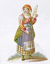Porträt einer jungen Frau aus Pietracanale in der Region Abruzzen, in traditioneller Kleidung. Aquarell, 19. Jahrhundert. Museo Nazionale di San Martino, Neapel