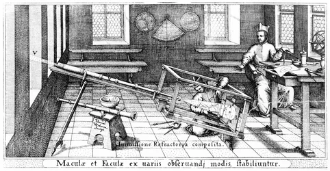 Projektion des Sonnenbildes durch ein Refraktionsteleskop zur Untersuchung von Sonnenflecken, Illustration aus Rosa Ursina von Christoph Scheiner, veröffentlicht 1630