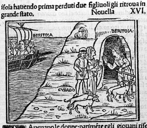Reet de Beritola. Illustration zur Novelle 16 (Novelle 6 des zweiten Tages) des „Decameron“ von Giovanni Boccaccio (1313-1375), italienischer Schriftsteller. Gravur in „Decamerone ouer Cento nouelle“ Venedig, Bartolomeo de 