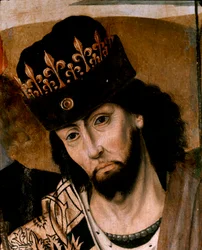 Darstellung Roberts I. von Anjou (1278-1343), König von Sizilien und Anführer der Guelfenpartei, Detail. Gemälde der neapolitanischen Schule. Ende des 15. Jahrhunderts. Neapel, Museo Nazionale di Capodimonte
