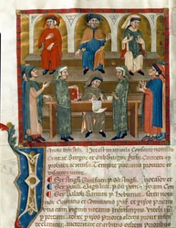 Darstellung eines Notariatsbüros Seite aus Matricola del Consorzio dei Notai di Perugia (ms. 972) (Register des Notariatsordens) 1343-1354 Perugia, Biblioteca Comunale Augusta