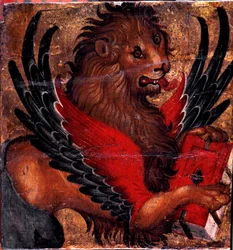 Darstellung des Markuslöwen. Gemälde auf Holz von venezianischem Künstler. 15. Jahrhundert Sun. 34x34 cm Venedig, Museo Correr