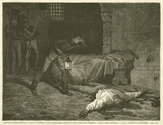 Ruffini schnitt sich absichtlich eine Arterie auf und schrieb mit warmem Blut an die Wand seiner Zelle: "Hier ist meine Antwort, meine Rache an den Brüdern" (Gravur)