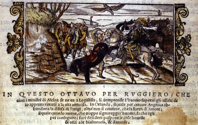 Ruggiero gelingt die Flucht von der Insel Alcina und rettet später Angelica vor dem Ork - Szene aus dem Rittergedicht „Orlando Furioso“ von Ludovico Ariosto