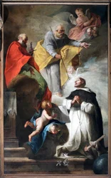 Der heilige Dominikus erhält den Pilgerstab und das Buch mit der Inschrift „Vade et predica“ aus den Händen der Heiligen Petrus und Paulus. Gemälde der venezianischen Schule des 18. Jahrhunderts