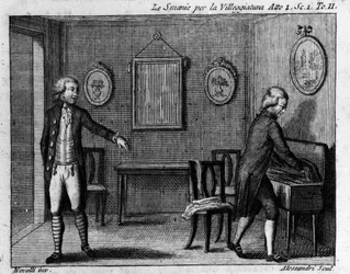 Szene 1 des ersten Akts des Lustspiels „Le smanie per la villeggiatura“ (La ville) (1761) von Carlo Goldoni (1707-1793). Gravur des 18. Jahrhunderts