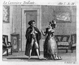 Szene 4 des 1. Akts des Lustspiels „La cameriera brillante“ (Die brillante Dienerin) (1754) von Carlo Goldoni (1707-1793): Spieltische. Gravur aus dem 18. Jahrhundert