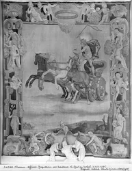 Jahreszeiten-Wandteppich, Apollo fährt den Sonnenwagen, ca. 1642 (Wolle und Seide)