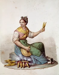 Altes neapolitanisches Gewerbe: Verkäuferin von gegrilltem Mais, 19. Jahrhundert, Museo Nazionale di San Martino, Neapel