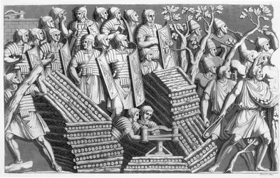 Soldaten, möglicherweise beim Bau einer Pontonbrücke oder Belagerungsmaschine, möglicherweise von der Trajanssäule, aus Customs of the Romans, ca. 1800-10