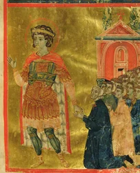 Einige Brüder beten zu St. Theodor, aus einer Mariegola, 1350