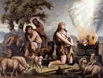 Die Anbetung des Lammes (Kain und Abel) - Kain und Abel (opfern ein Schaf) in „Aurea Bibbia classica: storia della rivelazione divina nell