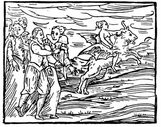 Der Teufel in Gestalt eines fliegenden Ziegenbocks trägt eine Hexe zum Sabbat, Illustration aus dem Compendium Maleficarum von Francesco Maria Guazzo, 1608