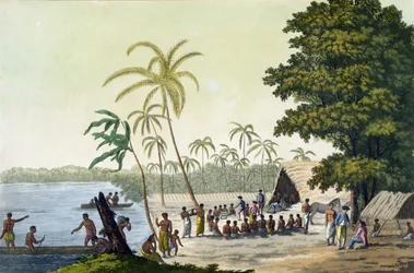 Der Hafen von Anamooka, Tafel 82 aus Le Costume Ancien et Moderne, von Jules Ferrario, veröffentlicht ca. 1820er-30er Jahre