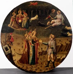Das Urteil des Paris. Der Hirte Paris muss entscheiden, wem er den goldenen Apfel geben wird, um die schönste der drei Göttinnen, Athena, Aphrodite oder Hera, zu bestimmen. Gemälde der italienischen Schule des 15. Jahrhunderts, Florenz, Museo Nazionale del