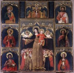 Die Jungfrau mit dem Christuskind: Altarbild Unserer Lieben Frau (Unsere Liebe Frau) des Rosenkranzes. Sechs Heilige umgeben die Jungfrau: Heiliger Petrus, Heiliger Johannes der Täufer mit dem Lamm Gottes, Heiliger Bartholomäus, Heiliger Stephanus, Heilige