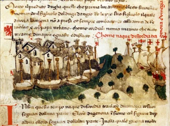 Der Beginn des Chioggia-Krieges zwischen Genua und Venedig. Chroniken von Sercambi. Nationalarchiv, Lucca.