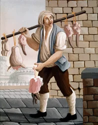 Der umherziehende Metzger, der Kalbsköpfe verkauft. 19. Jahrhundert. Neapel, Museo Nazionale di San Martino