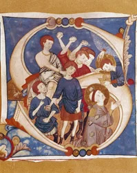 Das Martyrium des Heiligen Stephanus (Stefano) Die Steinigung des ersten christlichen Märtyrers im 1. Jahrhundert. Illuminierte Initiale eines Manuskripts aus der Schule von Umbrien