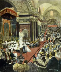 Die kirchliche Trauung des künftigen Königs Viktor Emanuel III. (Victor-Emmanuel) (Vittorio Emanuele) mit Prinzessin Helena von Montenegro in der Kirche Santa Maria degli Angeli in Rom im Jahr 1896.