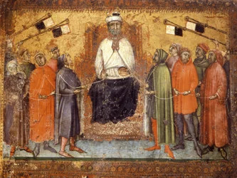 Die wiederhergestellte Regierung hält die Bürger im Zaum. Holztafel von 1385. Staatsarchiv, Siena