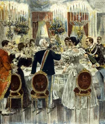 Das Hochzeitsbankett des Brautpaares Viktor Emanuel III. (Victor-Emmanuel) (Vittorio Emanuele) und Helena von Montenegro findet im Quirinalspalast in Rom statt. 1896.