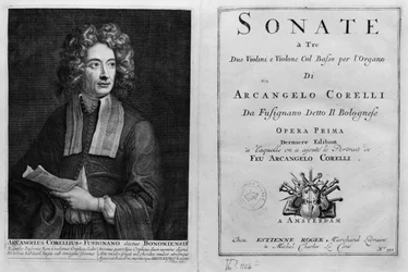 Titelseite von Sonate a Tre mit einem Porträt von Arcangelo Corelli (1653-1713)