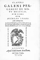 Titelseite zu Claudii Galeni Pergameni De Motu Musculorum Libri Duo, eine Sammlung von Werken von Claudius Galen, veröffentlicht 1549 (Druck)