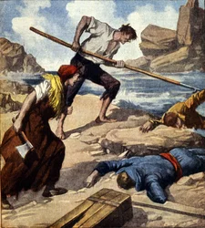 Zwei Schiffbrüchige (Piraten) plündern nach dem Ziehen des Bootes auf den Felsen die Besatzung. Italienische Illustration.
