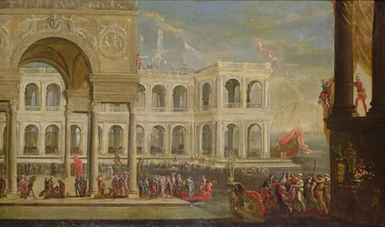Ansicht des Palastes und Königin Johanna I. von Neapel