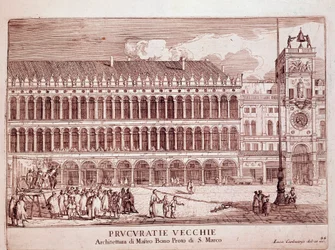 Ansicht der Procuratie Vecchie auf dem Markusplatz in Venedig. Gravur von 1703 Venedig, Museo Correr
