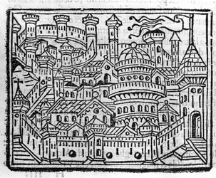 Ansicht der Stadt Aosta in Italien. Gravur in „Supplemento alle cronache“ von Fra Jacopo Filippo Foresti, Venedig