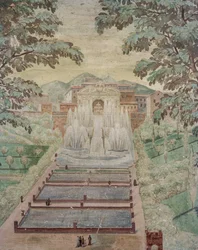 Ansicht der Wasserorgel und des Neptunbrunnens