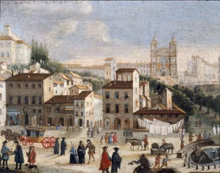 Blick über den Platz von Spanien und die Kirche der Heiligen Dreifaltigkeit in Rom - 17. Jahrhundert